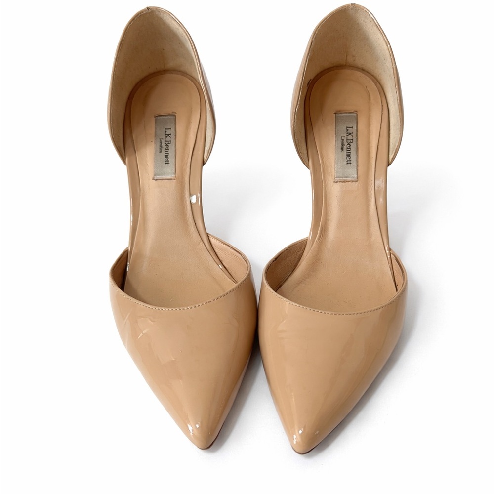 LK Bennett Flossie Patent Leather Heels Nude D’Orsay Pumps EU 38=7.5 Pointed Toe